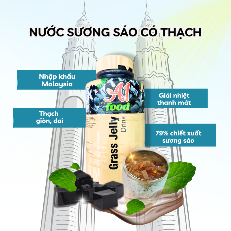 Lốc 6 chai thức uống sương sáo thanh mát kèm thạch A1 Food Grass Jelly Drink 280ml - Nhập khẩu Malaysia