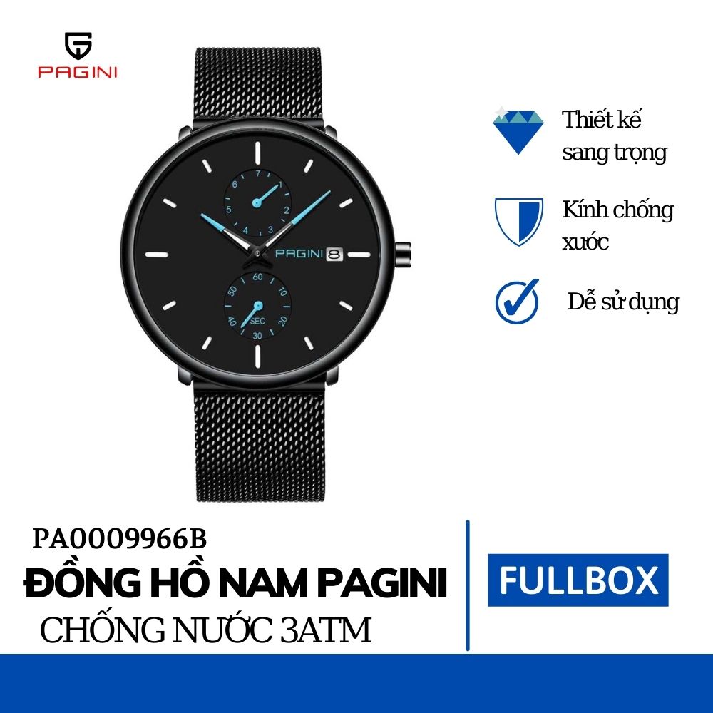 Đồng Hồ Nam PAGINI PA9966 Dây Titanium Thời Trang Cao Cấp - Kim Dạ Quang Có Lịch Ngày Chống Nước Chống Xước