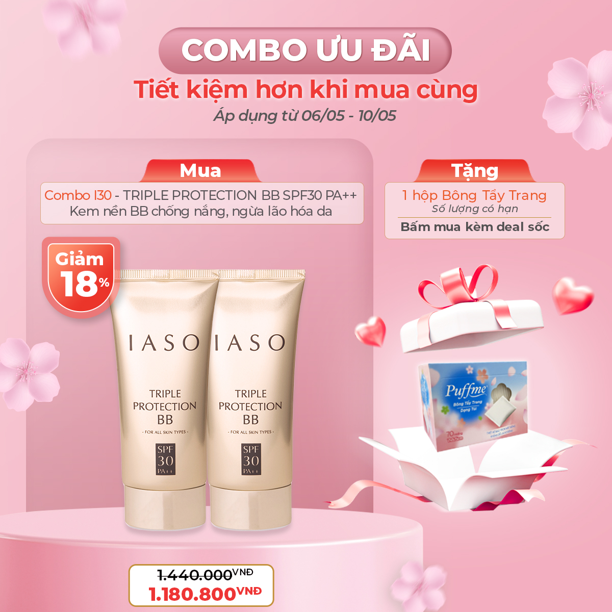 Combo 2 I30 Kem lót trang điểm 3 tác dụng IASO Triple Protection Base SPF 30 PA++ 60g