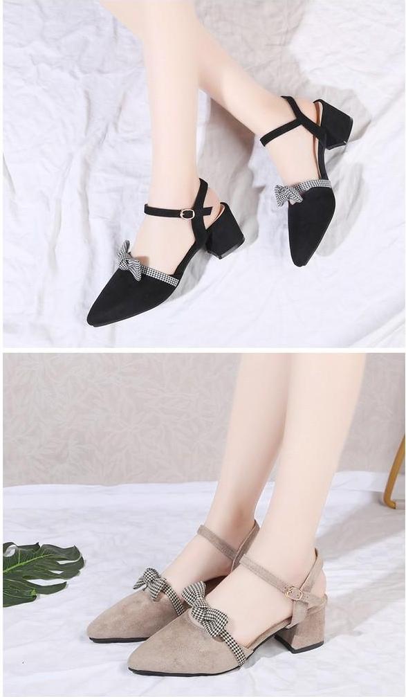 Giày cao gót vuông 5 phân hở gót nơ caro