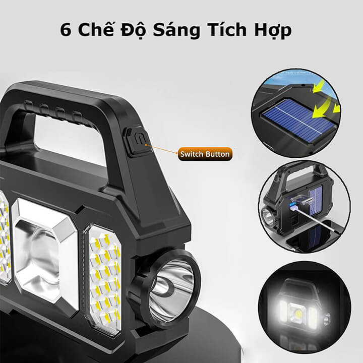 Đèn pin siêu sáng đa năng 6 chế độ chiếu xa 200m, đèn led năng lượng mặt trời xách tay chống thấm nước IPX6- YD2205A