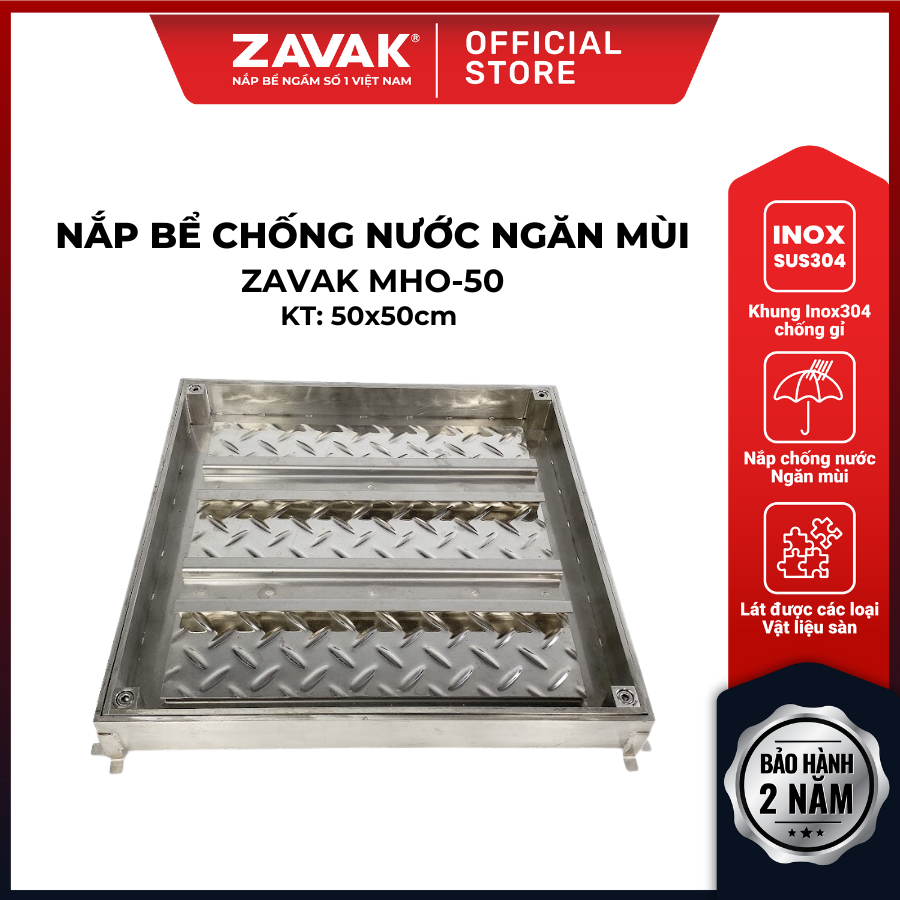 Nắp bể ngầm chống nước ngăn mùi inox ZAVAK MHO-50 / KT 50x50cm, lát gạch 1,5cm/ tải tối đa 720kg