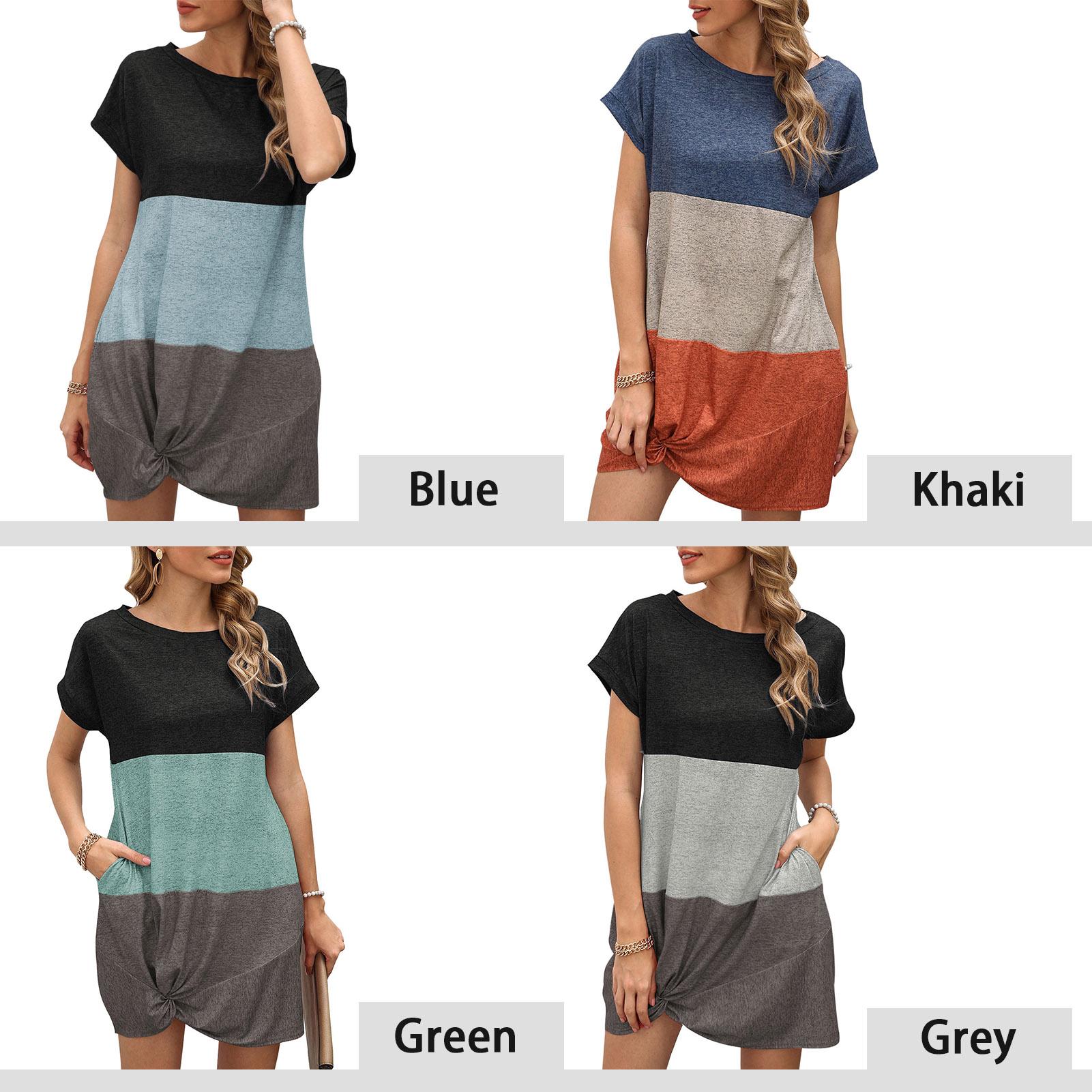 Women Dress Splicing Mini Dress with Pockets Twist-Hem Loose A-Line Short Sleeve O-Neck Gown Casual Summer Spring