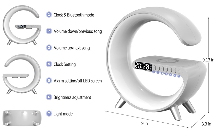 Đèn loa hiệu ứng trang trí bàn làm việc kiêm sạc không dây, đồng hồ báo thức và loa bluetooth APP Control LED RGB