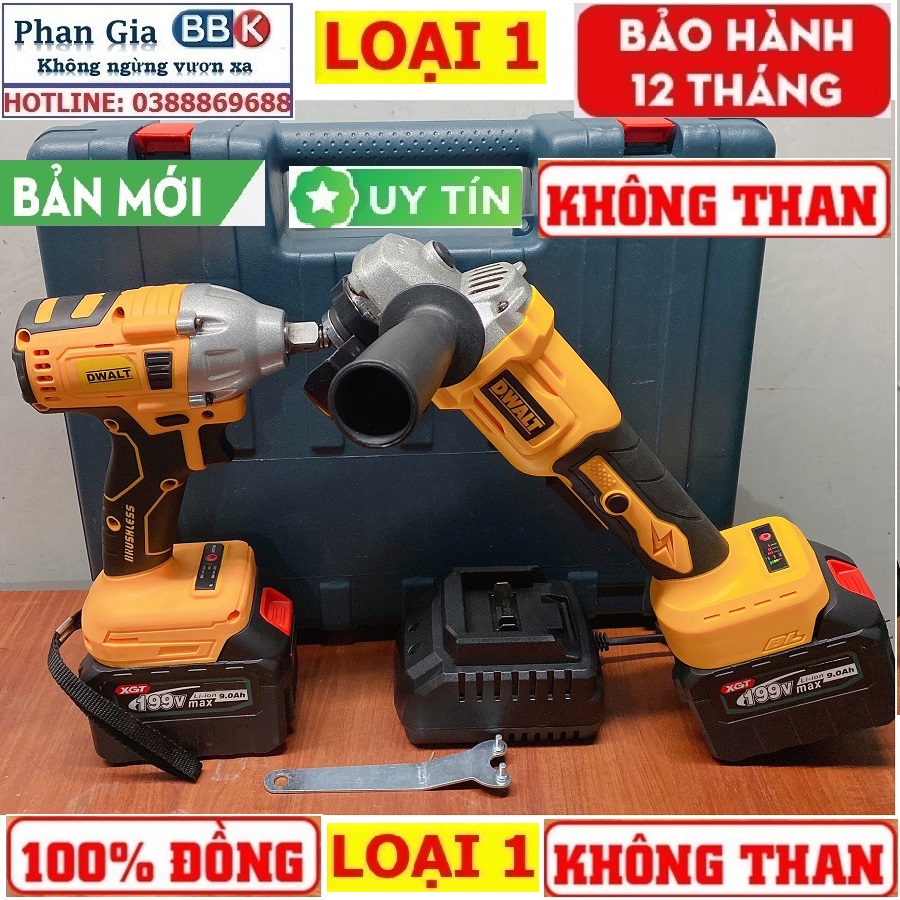 Bộ Combo Máy Siết Bulong Và Máy Mài Pin 199V 2 Pin 15 Cell Lõi Đồng 100% - Động Cơ Không Chổi Than - Bảo Hành 12 Tháng