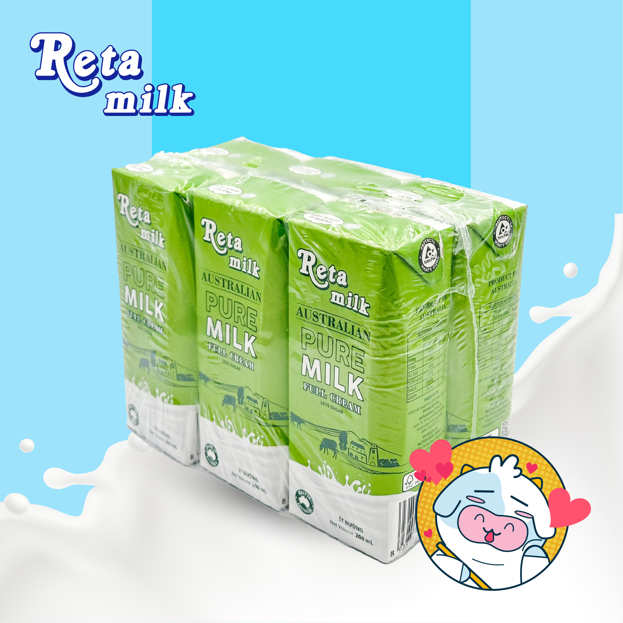 Sữa Tươi Úc Tiệt Trùng Reta Milk Ít Đường 200ml