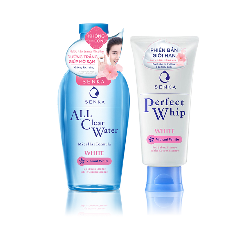 Combo Nước tẩy trang Senka All Clear Water Micellar Formula White và Sữa rửa mặt tạo bọt làm sạch sâu và sáng mịn Senka Perfect whip White (230ml + 100g)