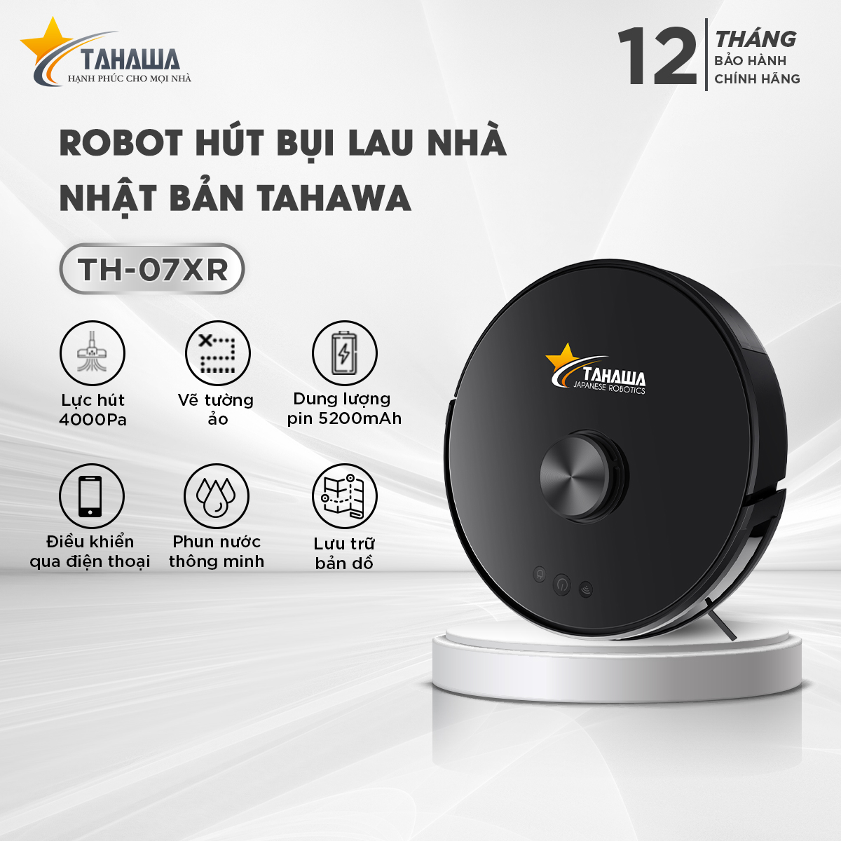 Robot hút bụi lau nhà TAHAWA TH-07XR- Lực hút: 4000Pa- Pin: 3000mAh -Tích hợp 3 trong 1: hút, quét, lau - Bảo hành chính hãng 12 tháng, 1 đổi 1 trong 15ngày- Hàng nhập khẩu chính hãng