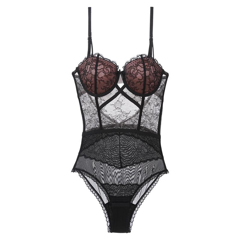 Chất Lượng Cao Ren Bodysuit Nữ Mới Đẩy Lên Bộ Áo Ngực Định Hình Màu Đen Cổ Điển Trong Suốt Rỗng Bodycon Quần Lót Onesies