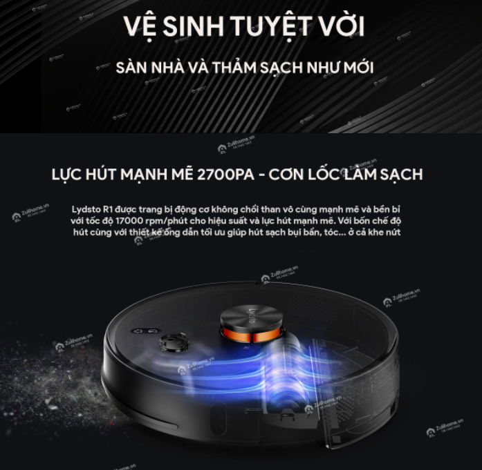 Robot Hút Bụi Lau Nhà XIAOMI Lydsto R1 Diện Tích Hoạt Động 200m2 Công Suất 50W Áp Suất 2,700 Pa - Hàng Chính Hãng