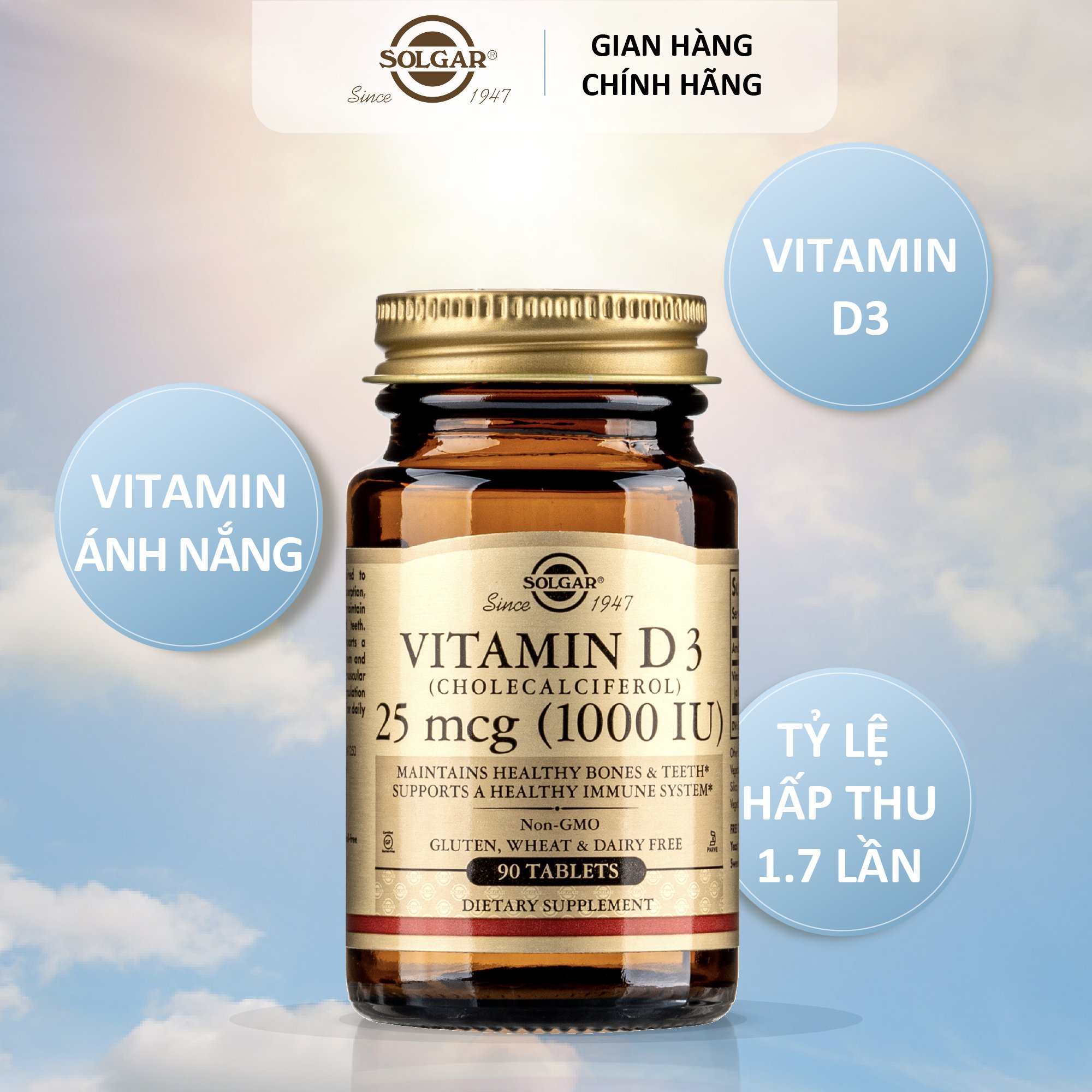 NHẬP KHẨU USA CHÍNH HÃNG - Viên uống ngừa loãng xương, hỗ trợ sức khỏe xương khớp Solgar Vitamin D3 1000 IU