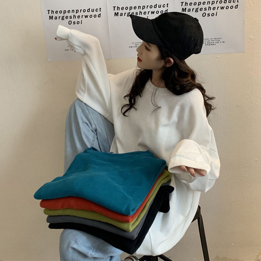 Áo Khoác Nỉ Sweater Trơn Form Rộng Phong Cách Đơn Giản Style Hàn Quốc Chất Nỉ Bông