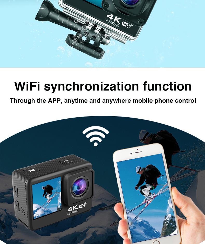 Camera hành động 4K 60fps camera 24MP 2.0 Touch LCD 4X EIS Dual Màn hình WiFi Điều khiển từ xa Waterproof Water