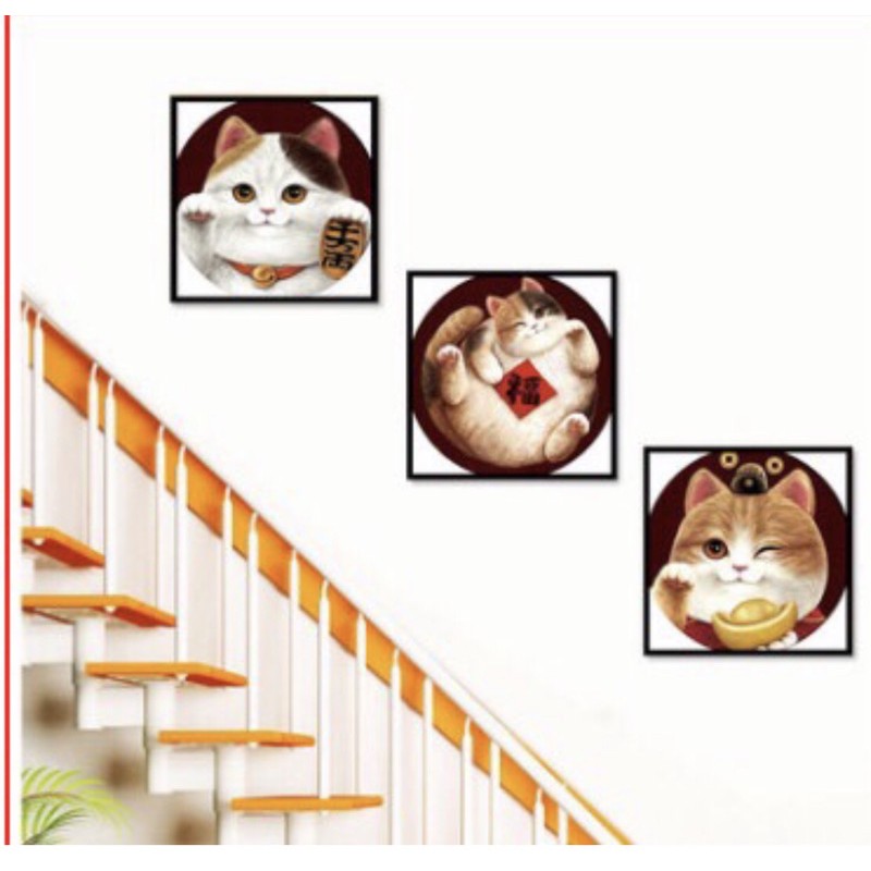 Tranh thêu chữ thập chỉ lụa bộ 3 bức  Mèo Thần tài (50x50cm)×3