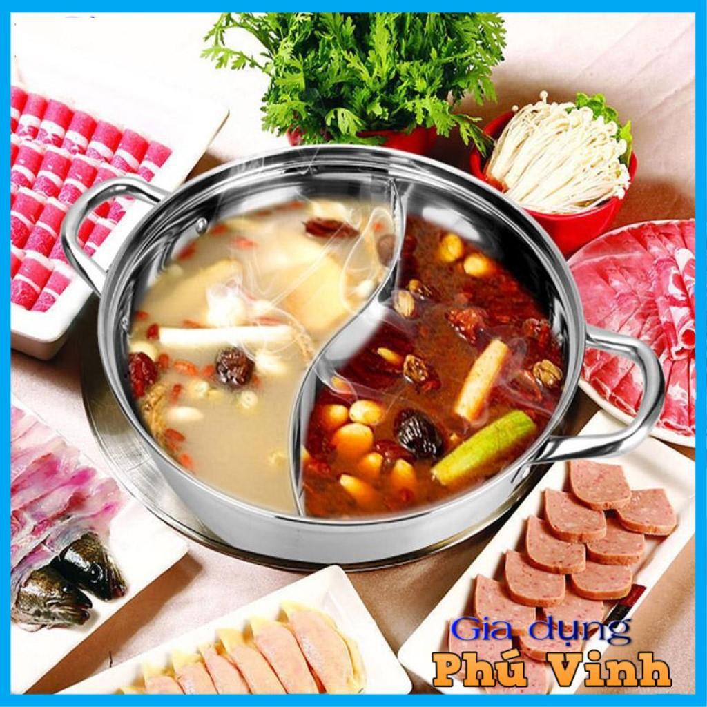 Nồi lẩu 2 ngăn Hotpot 32cm, nấu được bếp từ, có nắp kính (ảnh thật)