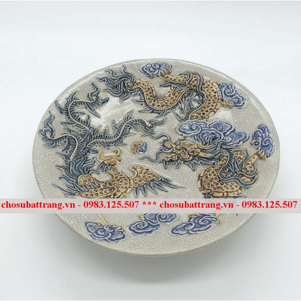 Đĩa đựng hoa quả men rạn đắp nổi long phượng