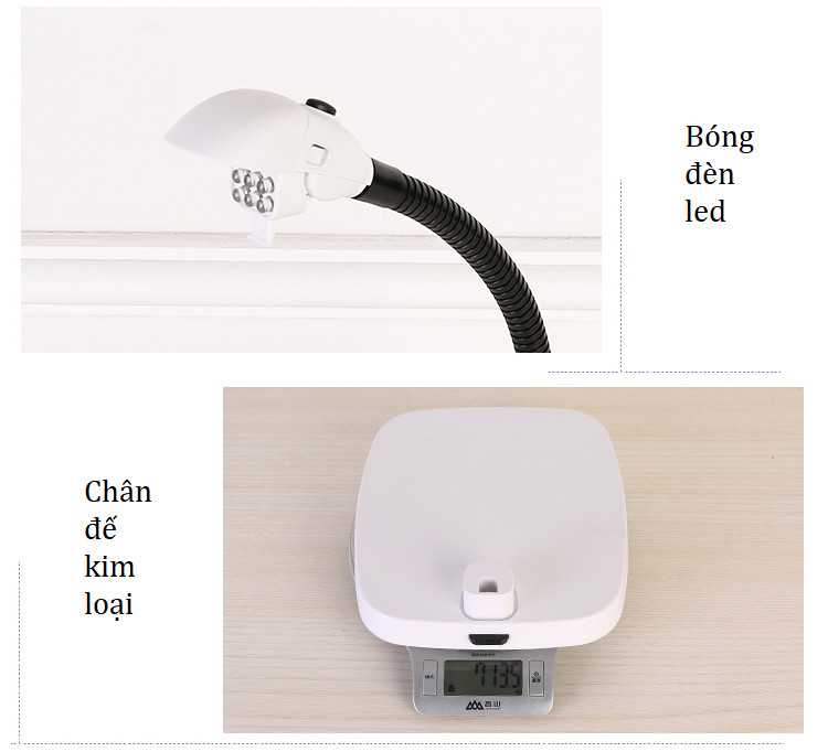 Kính lúp 10x để bàn tích hợp kẹp bàn đa năng có 6 hạt đèn led chiếu sáng M764
