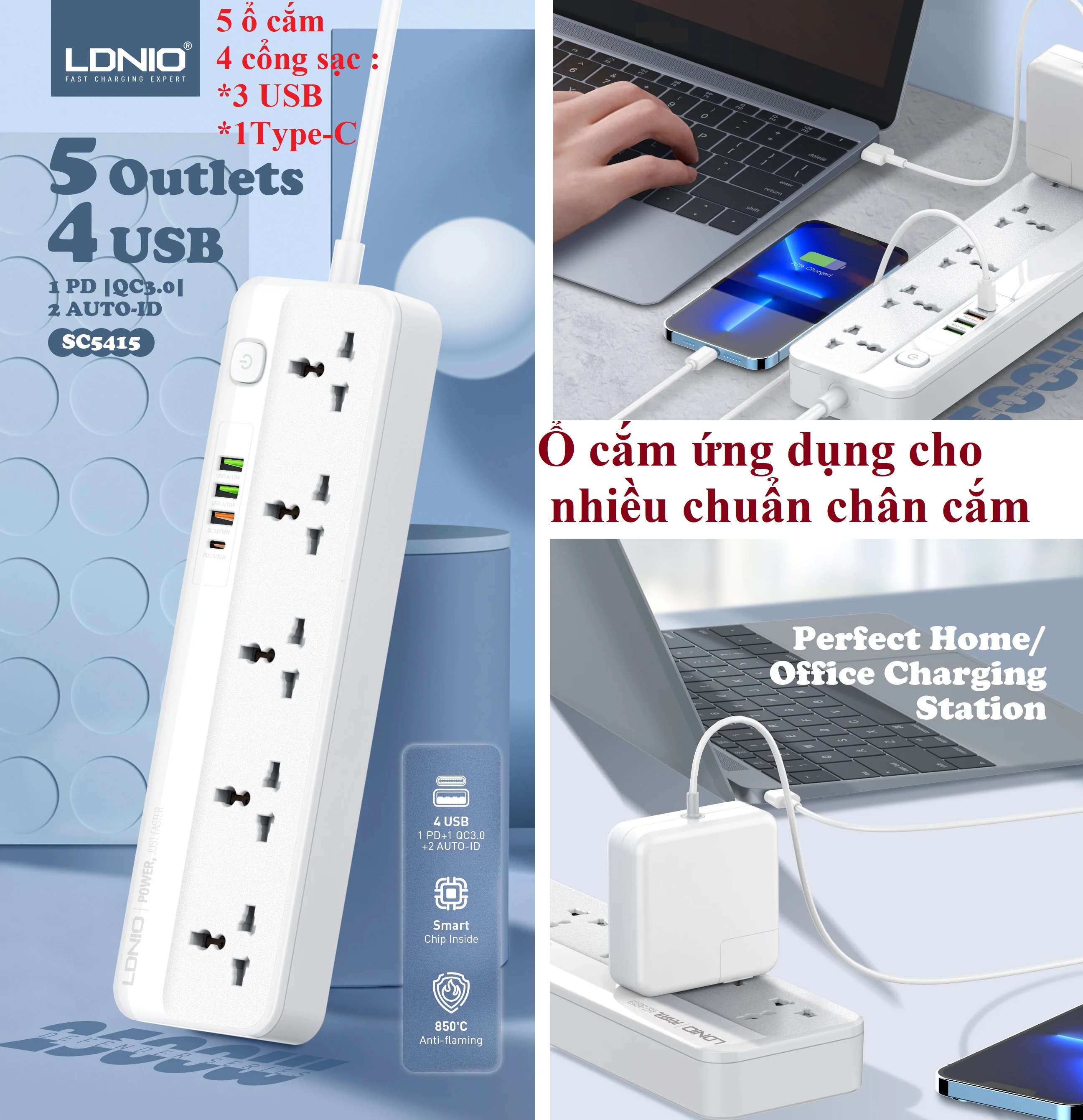 Ổ cắm đa năng 2500W tích hợp sạc nhanh PD20W QC18W LDNIO SC5415 _ hàng chính hãng