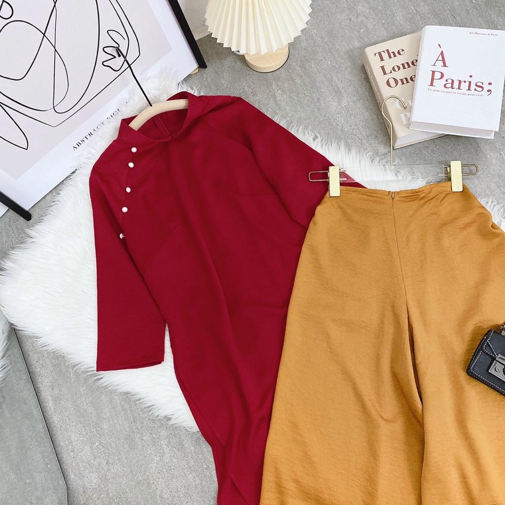 Set áo dài đỏ tay lỡ quần suông đi chùa chúc tết