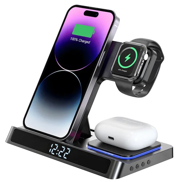 DOCK SẠC KHÔNG DÂY WIWU 5 IN 1 WIRELESS CHARGER WI-W006 CHO ĐIỆN THOẠI, TAI NGHE, ĐỒNG HỒ CÓ ĐỒNG HỒ & BÁO THỨC, CÓ ĐÈN SÁNG - HÀNG CHÍNH HÃNG