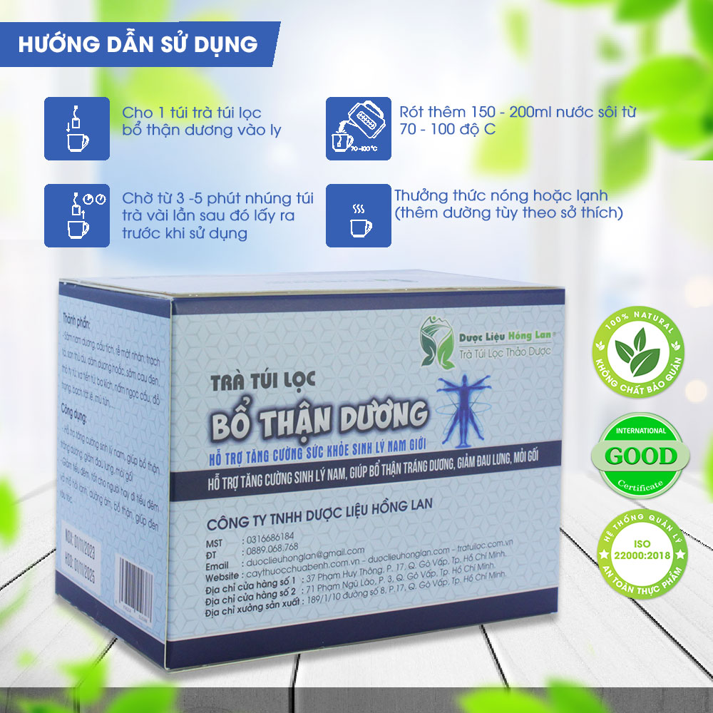 Trà túi lọc Bổ Thận Dương hộp 60g (20gói x3g) Dược Liệu Hồng Lan -  Hỗ trợ tăng cường sức khỏe sinh lý nam giới, mạnh gân cốt,...