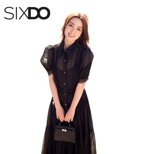 Đầm tơ oganza đen tay bồng nhẹ SIXDO