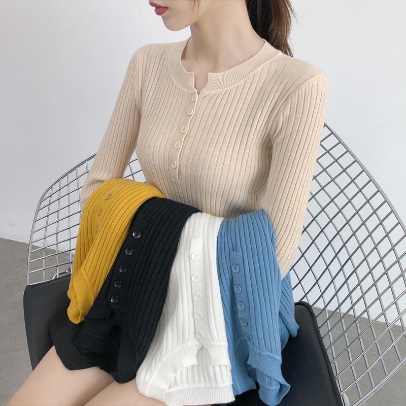 Áo len dài tay cổ tròn mềm mịn phối cúc Áo len dệt kim Quảng Châu cao cấp