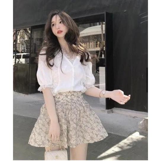 Set Áo Ren Phối Hoa Mix Chân Váy 2 Lớp
