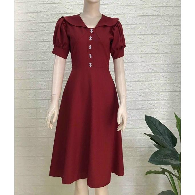 ĐẦM XOÈ CỔ SEN NÚT ĐÔI TAY PHỒNG