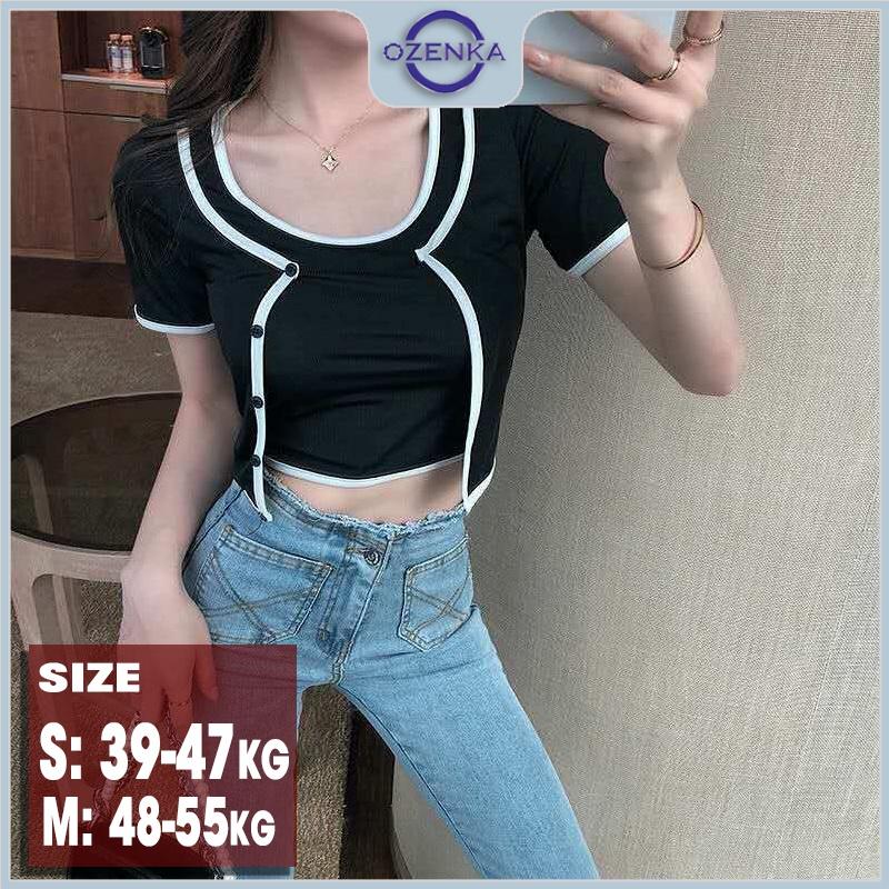 Áo croptop kiểu 2 lớp phối viền cộc tay nữ ozenka , áo thun crt ngắn ôm body cotton màu đen trắng mặc đi học đi chơi