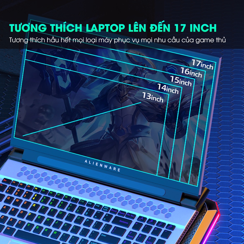 Đế tản nhiệt laptop S103 có 6 quạt làm mát nhanh chống ồn đèn LED RGB điều chỉnh độ cao 6 mức trang bị màn hình LCD giúp tăng hiệu năng bảo vệ máy tính