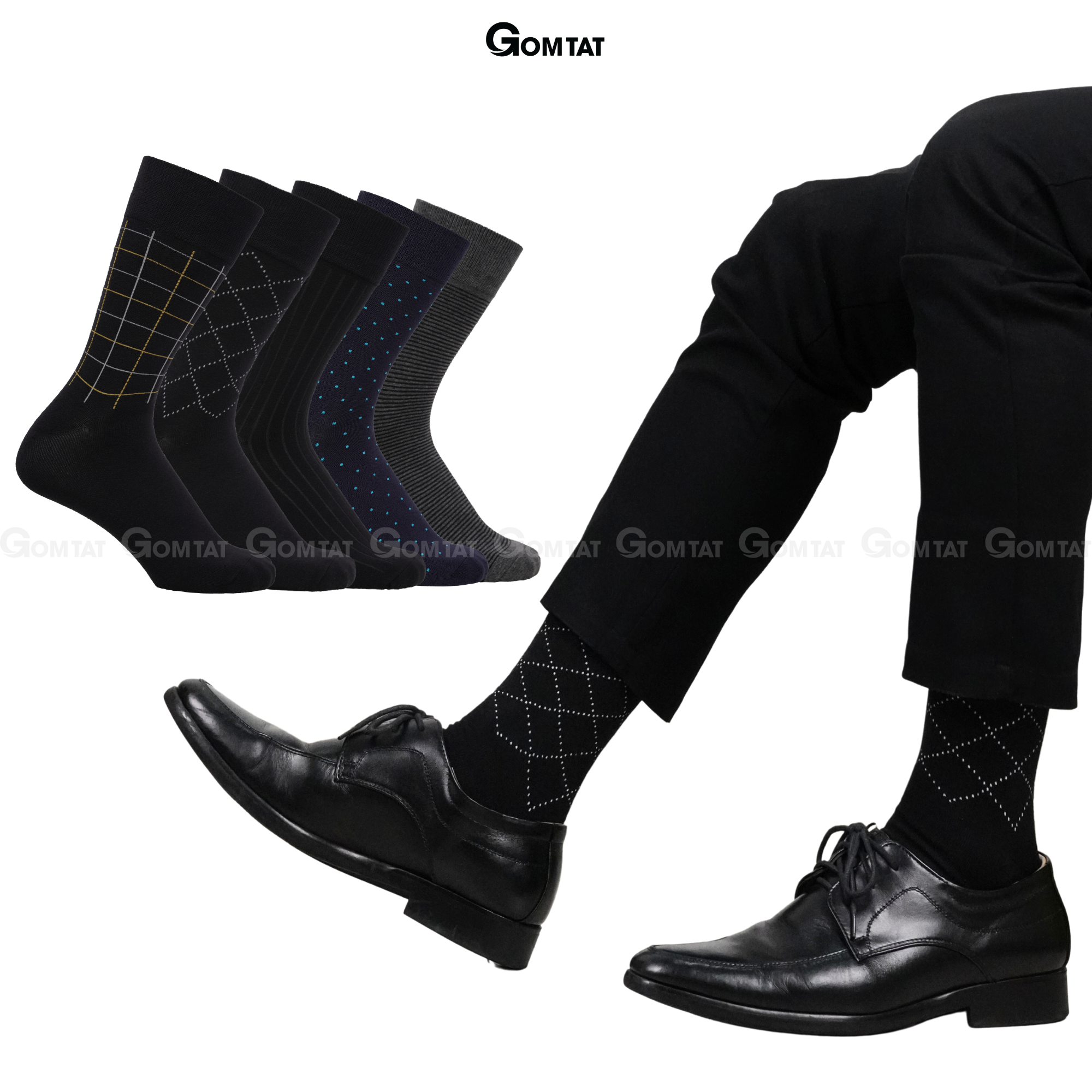 Hộp 5 đôi tất vớ nam đi giày tây công sở cổ cao GOMTAT mẫu MIX01, chất liệu cotton cao cấp thoáng khí - GOM-MIX01-CB5