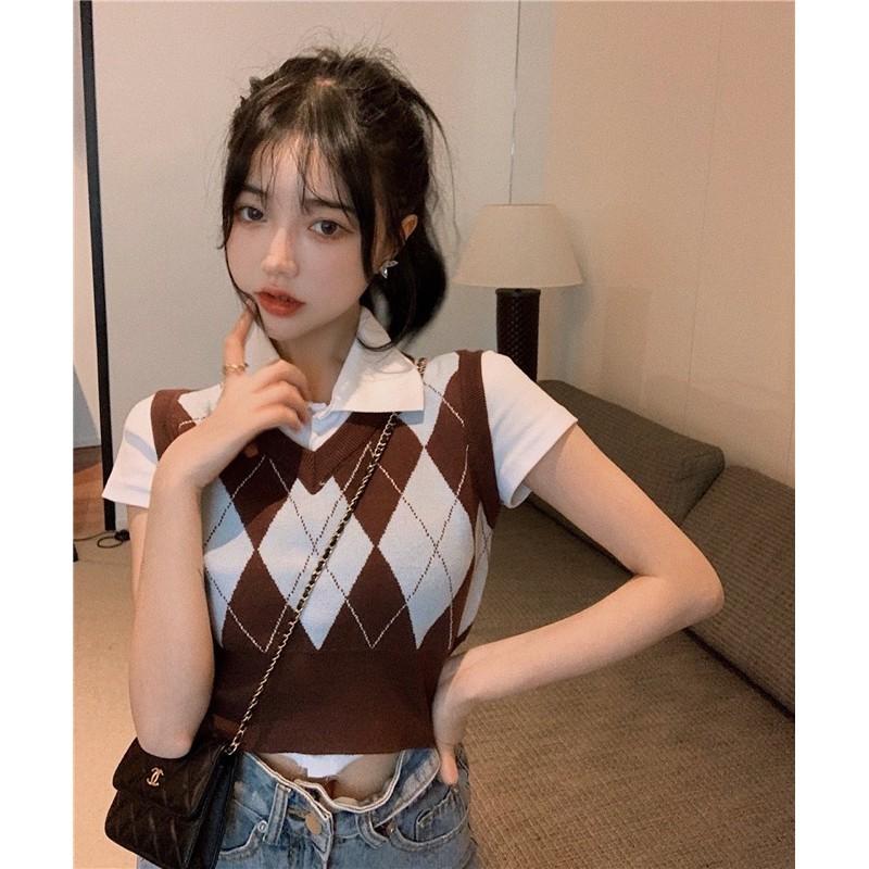 Set áo polo mix gile croptop kẻ caro phong cách highteen