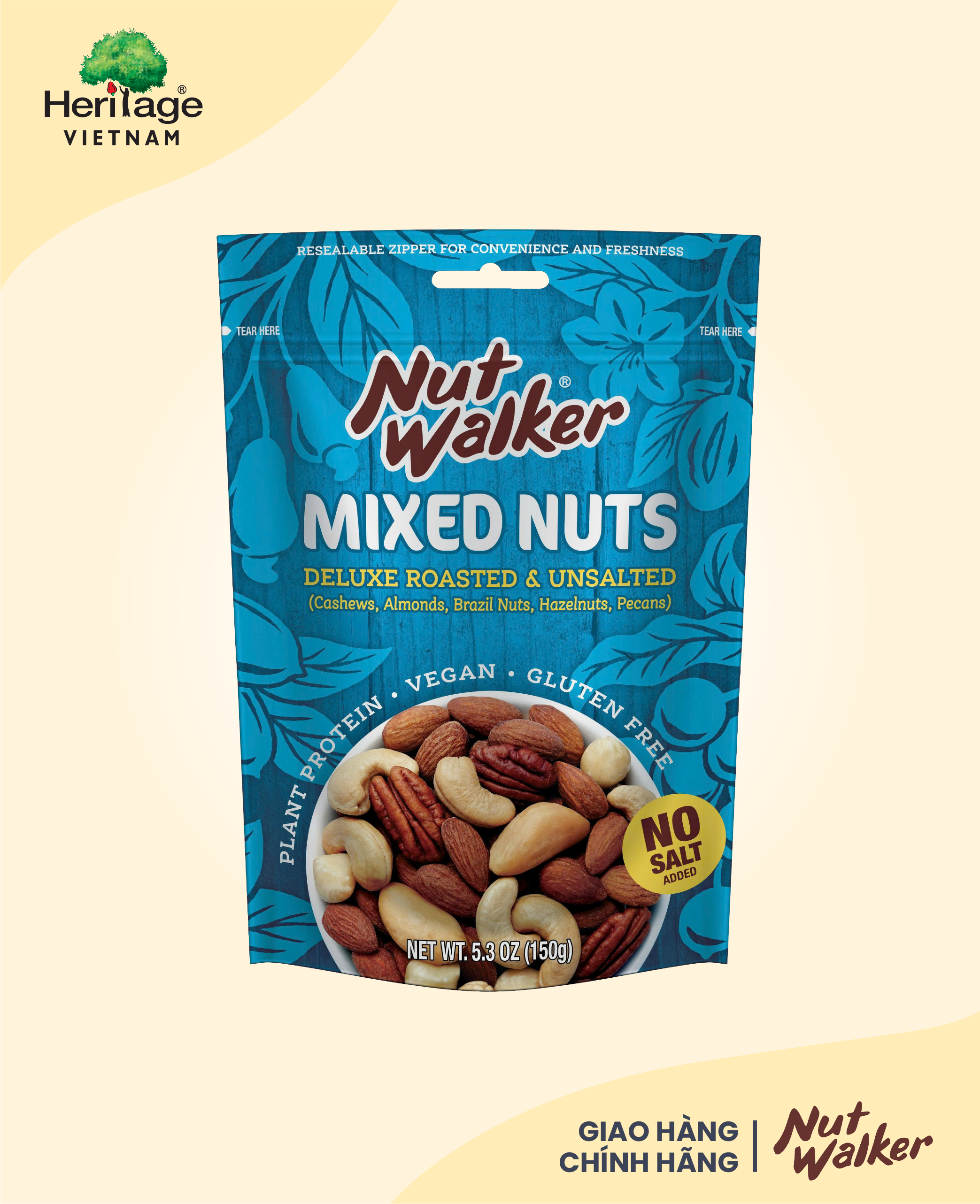 Nut Walker - Gói 150gr Hạt hỗn hợp cao cấp rang không muối (Deluxe Roasted &amp; Unsalted Mixed Nuts)