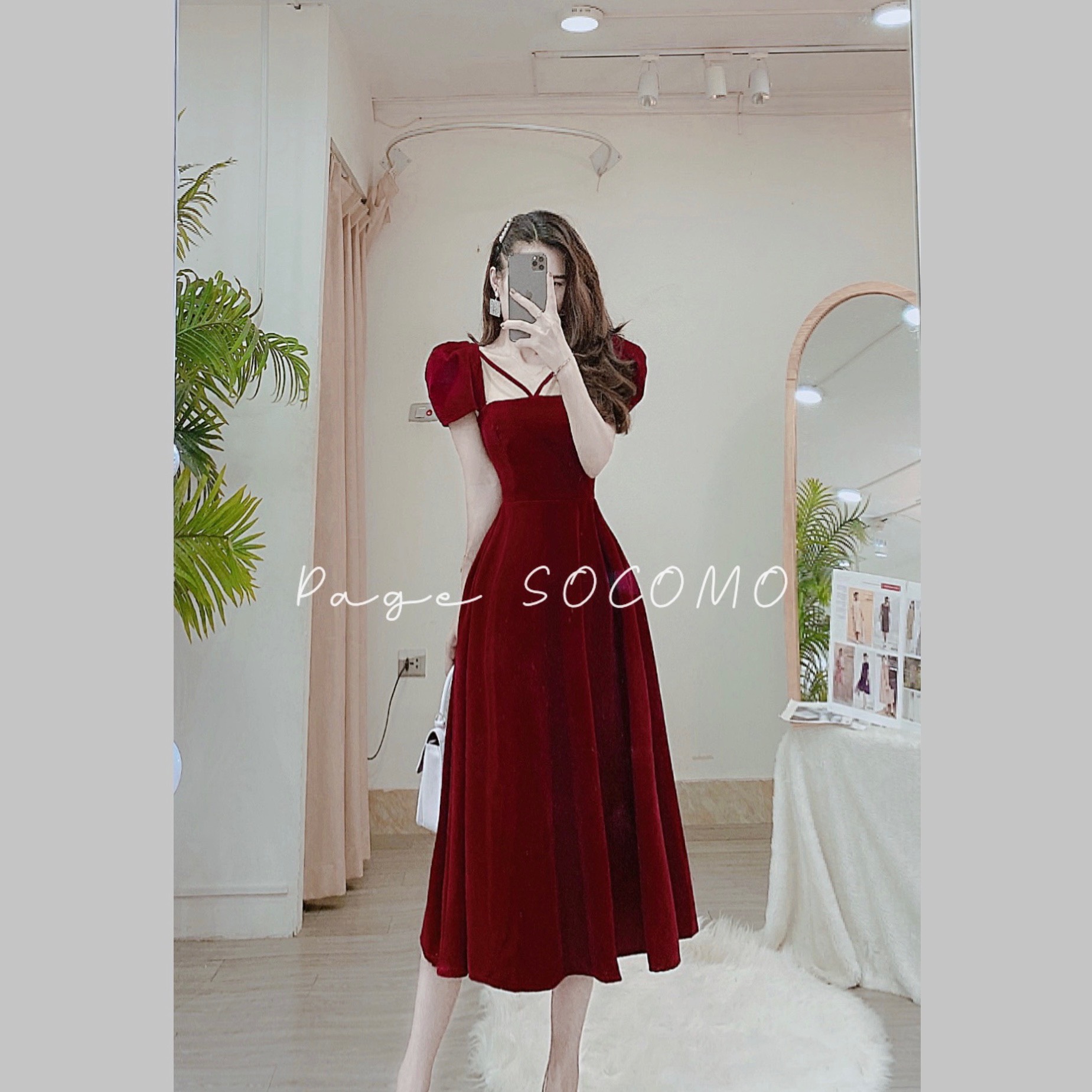 Váy Đầm Nhung Tay Hến Dây Ngực hàng thiết kế Socomo V1082022