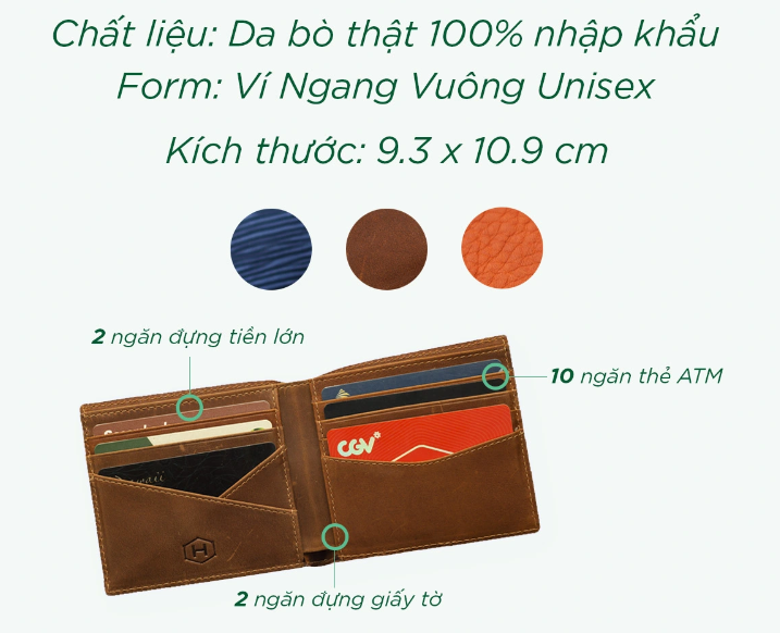 Ví Nam, ví ngắn Enus Handcrafted Wallet Da bò thật 100% nhập khẩu