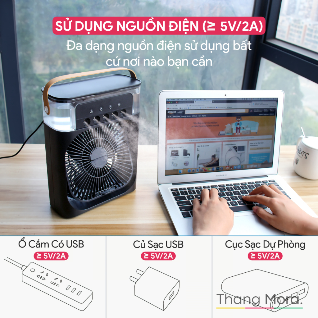 Quạt Điều Hòa Phun Sương Hơi Nước Mini Để Bàn Dung Tích Lớn 3 Chế Độ Đèn LED Đổi Màu, Chế Độ Hẹn Giờ Sử Dụng Cổng Sạc USB Tiện Dụng