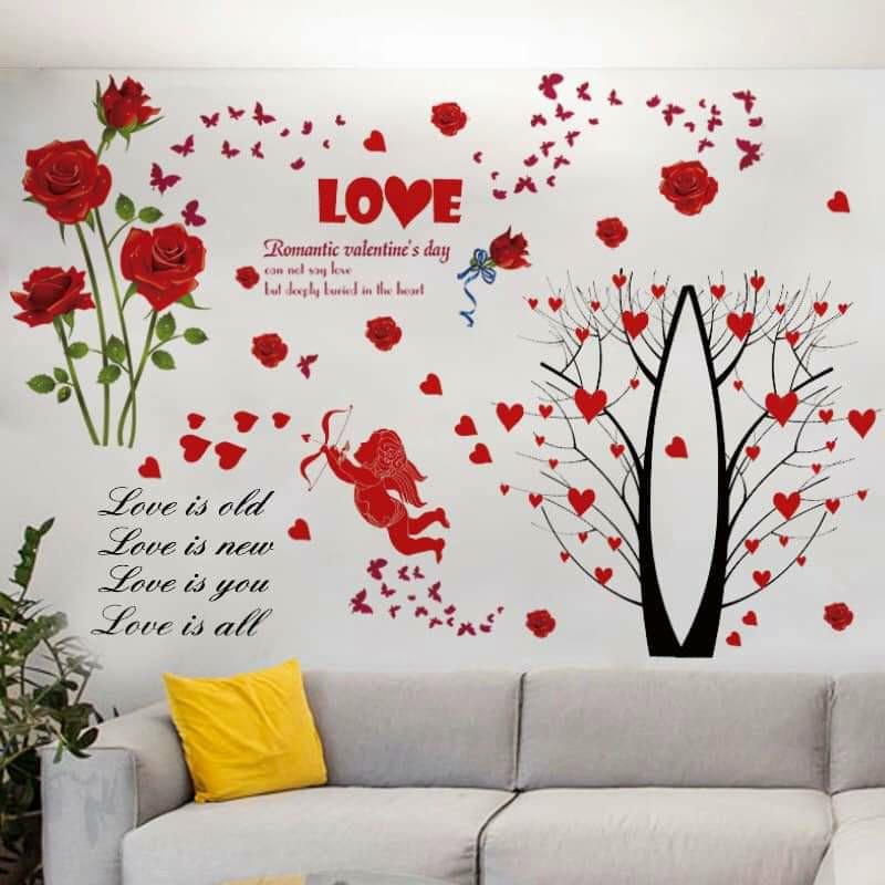 DECAL DÁN TƯỜNG HOA HỒNG NHUNG VÀ CÂY TRÁI TIM ĐỎ