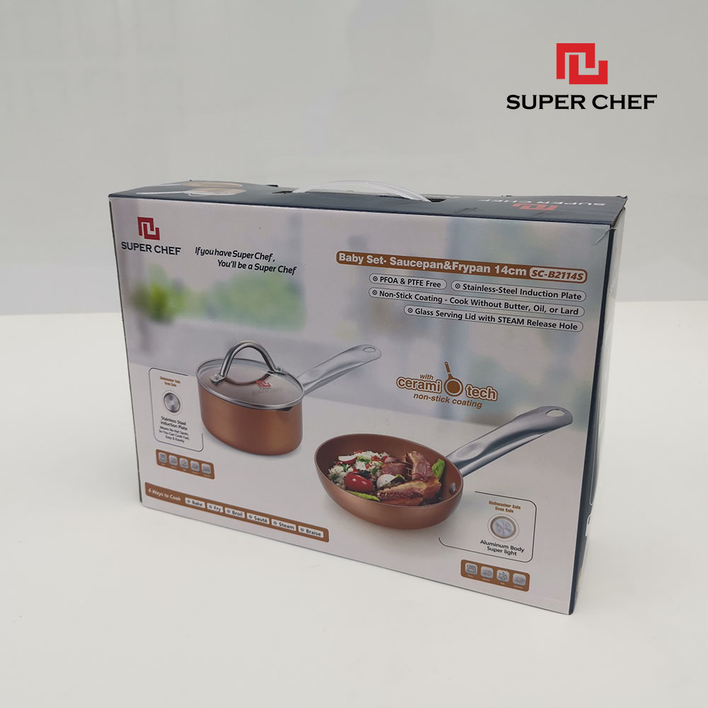 Bộ Chảo Nồi Nấu Cháo Cho Bé Super Chef Công Nghệ Ceramic An Toàn Sức Khỏe, Chống Dính Tốt, Siêu Bền Bỉ Không Bị Bong Tróc, Hạn Chế Trầy Xước (14cm) Dùng Cho Bếp Gas, Hồng Ngoại