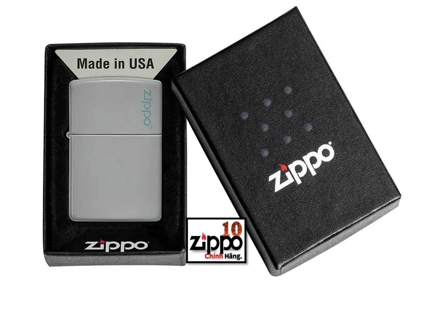 Bật lửa Zippo (sơn tĩnh điện) 49452ZL Classic Flat Grey Zippo Logo SKU - Chính hãng 100%