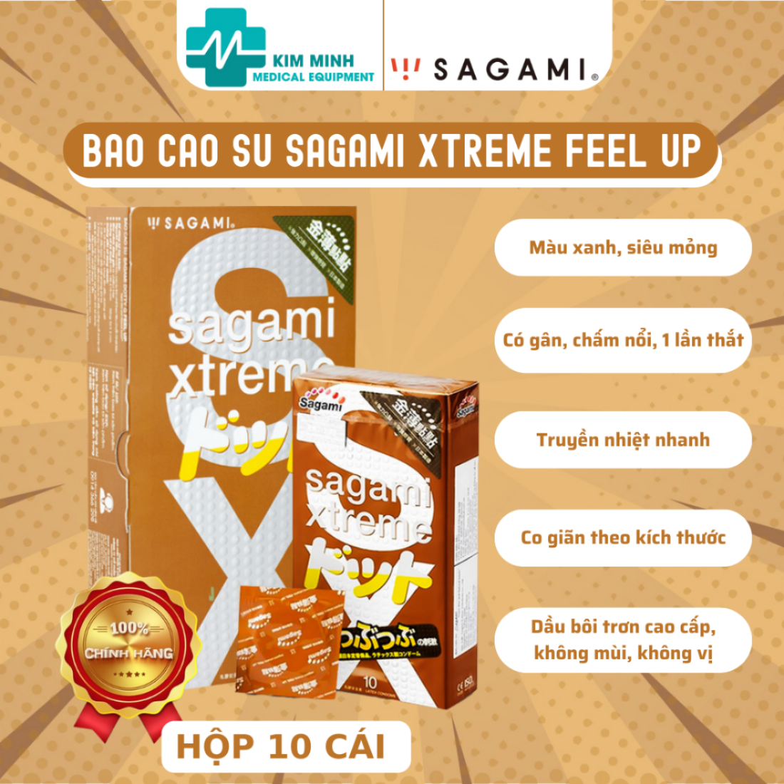 Bao cao su Sagami Dotty G Feel Up, siêu mỏng, có gân gai tăng kích thích khoái cảm tột độ - Hộp 10 cái