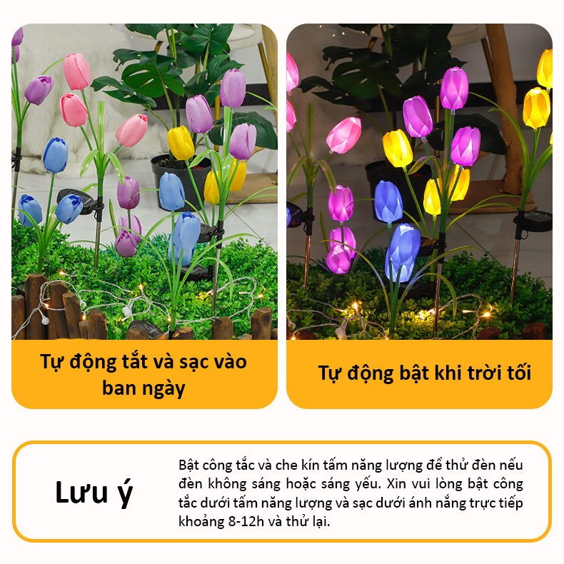 Đèn Trang Trí Năng Lượng Mặt Trời Hoa Tulip, Nhiều Màu Hồng - Xanh - Vàng, Trang Trí Quán Cafe, Quán Ăn - DA3002