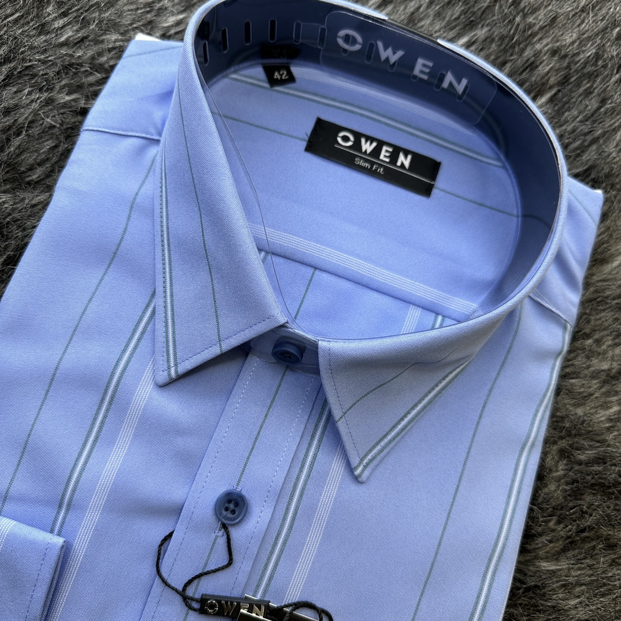 OWEN - Áo sơ mi dài tay Owen Slimfit chất Nano không nhăn màu xanh kẻ sọc 220828