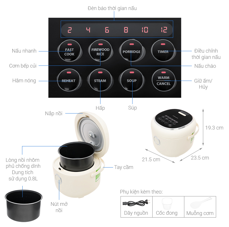 Nồi Cơm Điện Tử Lock&amp;Lock EJR716IVY 0.8L - Hàng Chính Hãng, Dây Điện Có Thể Tháo Rời, Có Quai Xách, Tặng Kèm Ống Hút Và Cọ Rửa