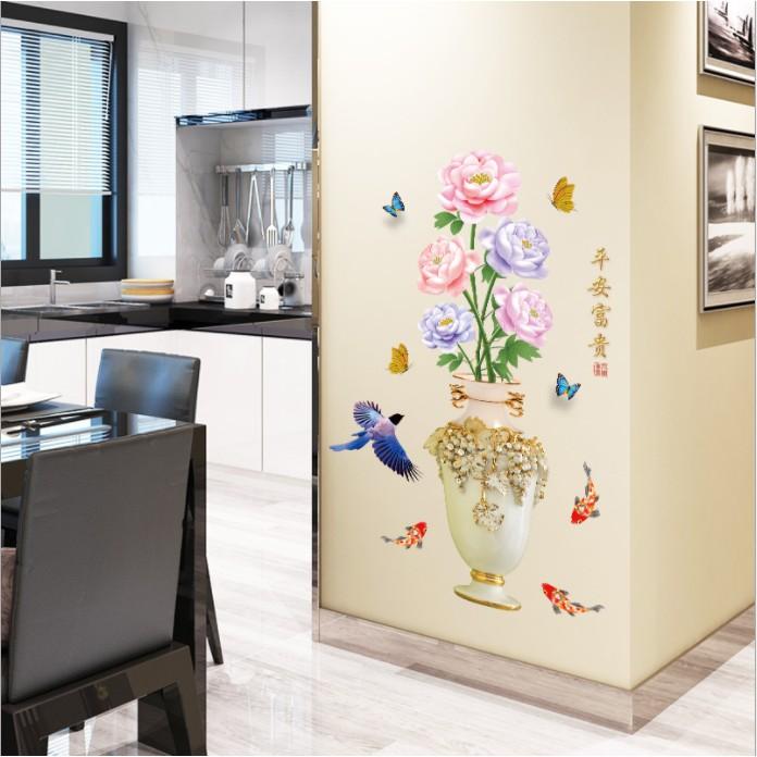 Decal trang trí bình hoa cá và bông sắc màu