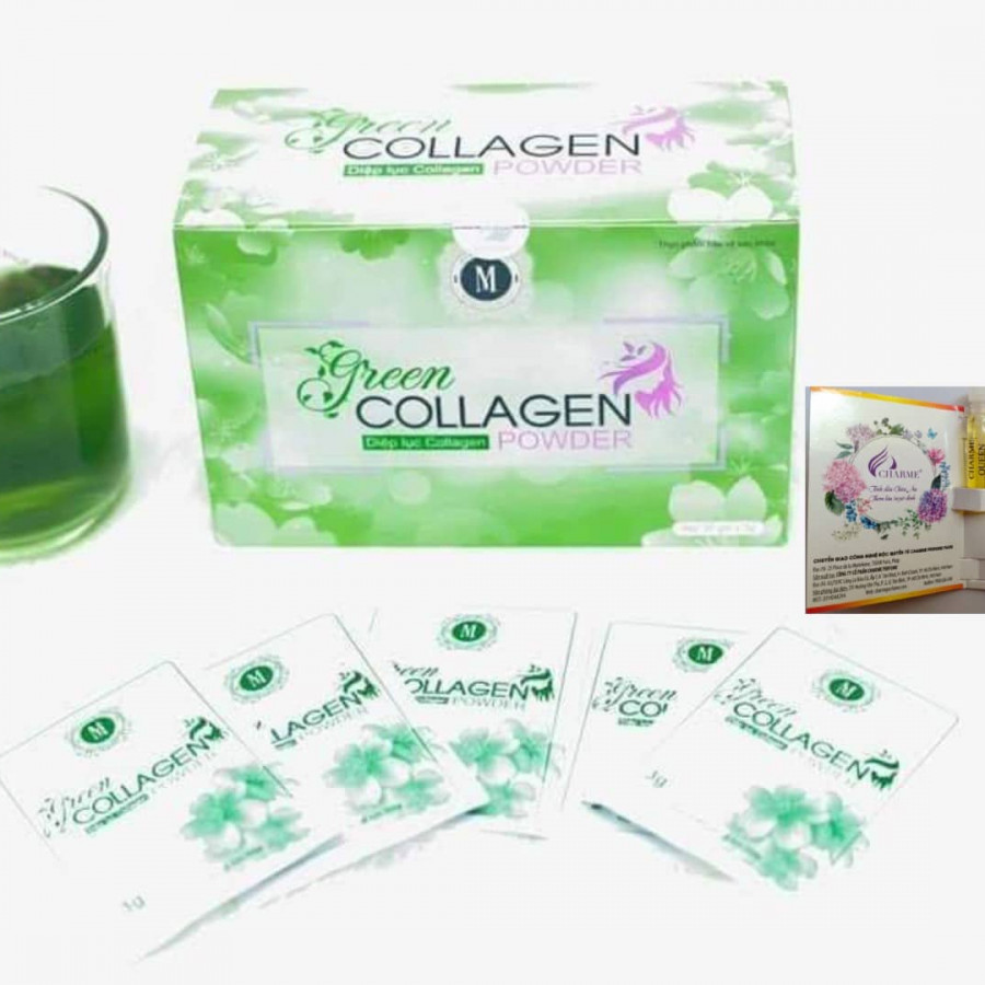 Thực Phẩm Bảo Vệ Sức Khỏe Diệp lục Collagen (Green Collagen Powder) Mẫu mới có màng co + Tặng kèm mẫu test Nước hoa Charme Queen - đẹp da, chống lão hóa, cân bằng nội tiết