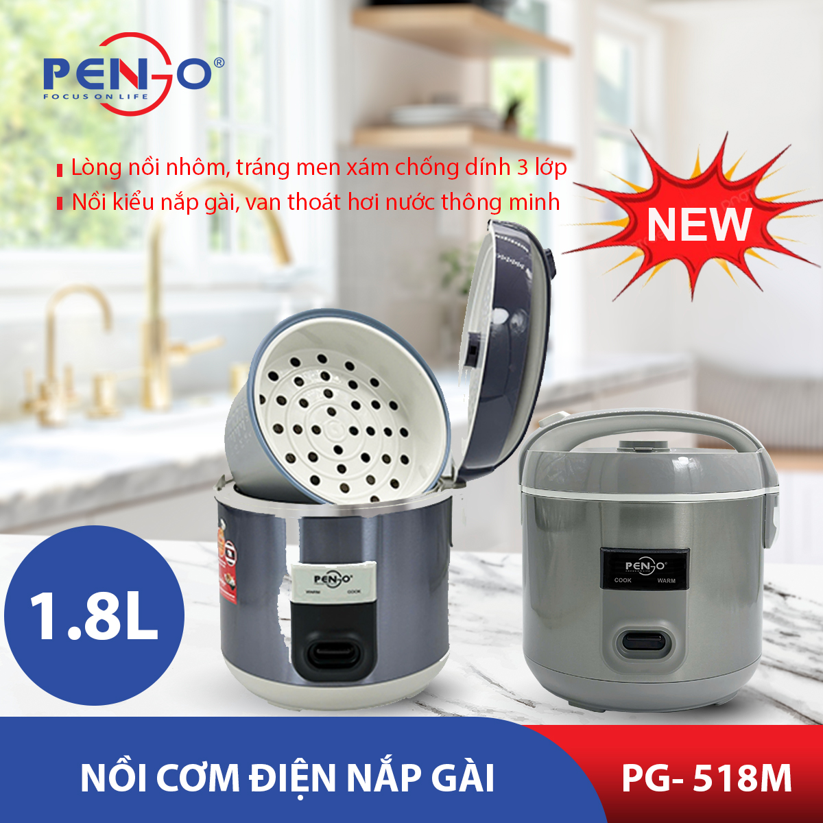 Nồi cơm điện nắp gài PENGO PG-518M  1.8 Lit - Hàng Chính Hãng