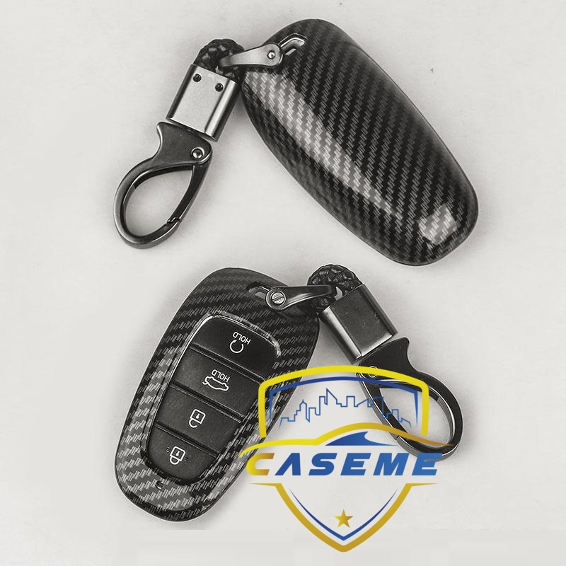 Ốp nhựa carbon lót silicon bảo vệ chìa khóa xe Hyundai Santafe 2021 kèm móc đeo INOX