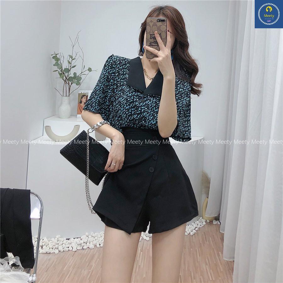 Set Áo Sơ Mi Họa Tiết Áo Sơ Mi Ngắn Tay Cổ Vạt Mix Quần Short Giả Váy Vải Voan Cá Tính, Xinh Xắn- Meety