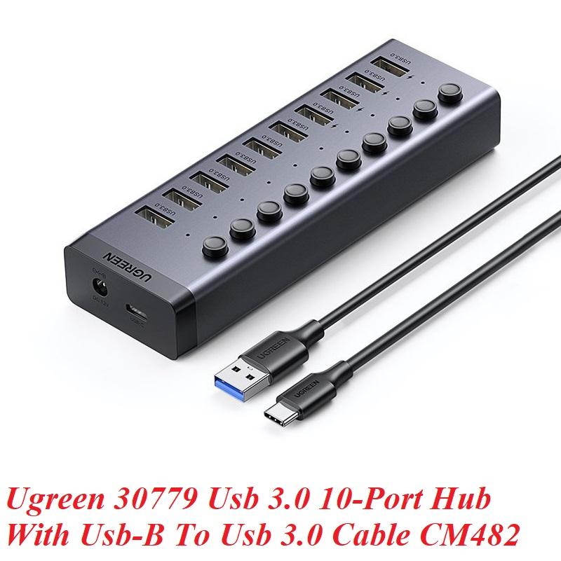 Ugreen UG30779CM482TK 1M 10 cổng màu đen có công tắc Bộ chia HUB USB 3.0 kèm cáp Usb c To type A - HÀNG CHÍNH HÃNG